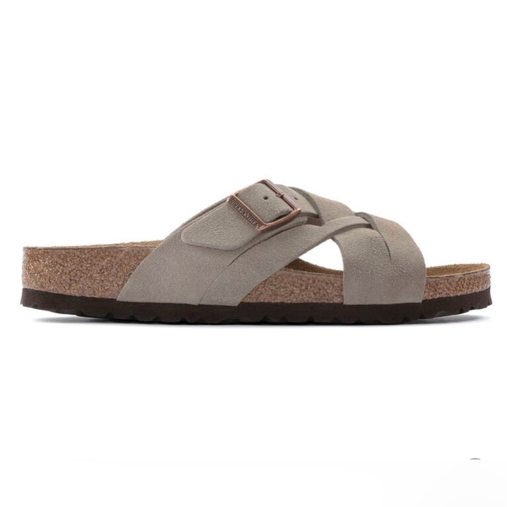 NWT Birkenstock Lugano Soft Footbed Suede Leather Taupe Sandals Men’s Sz 44/11 - Picture 3 of 10